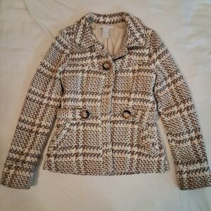 Charlotte Russe Plaid Pea Coat in Cream and Brown